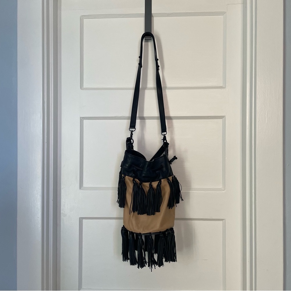 Loeffler Randall Tan and Black Fringe Bucket Bag